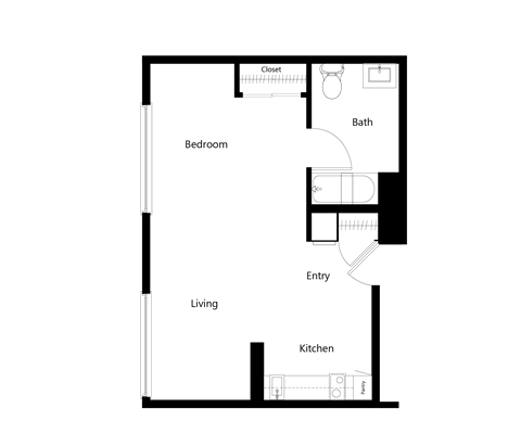 Studio Floor Plan at Sycamore Senior Affordable Apartments in Oxnard CA