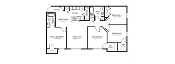 A black and white floor plan of a house with a foyer, kitchen, dining area, living room, and four bedrooms.