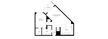 A black and white floor plan of a house with a balcony, living/dining room, kitchen, bath, and bedroom.