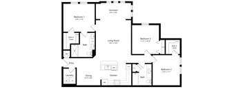 Three Bedroom Floor Plan | 1,395 Sq. Ft. at The Sedona Luxury Apartments in Tampa FL