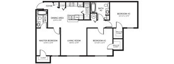 3 Bedroom Floor Plan at Grande Oaks Apartments in Tampa FL