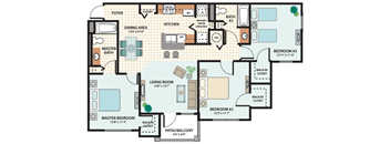 3 Bedroom Floor Plan at Fort King Colony Apartments in Zephyrhills, FL