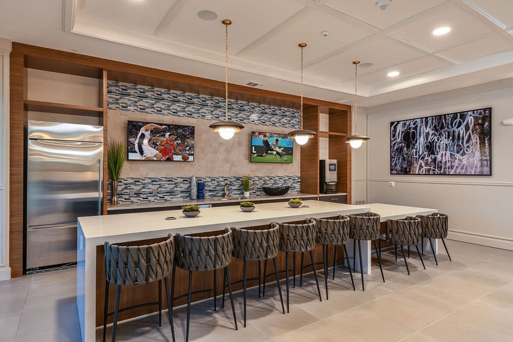 Clubhouse kitchen at The Exchange Luxury Apartments in St. Petersburg, FL