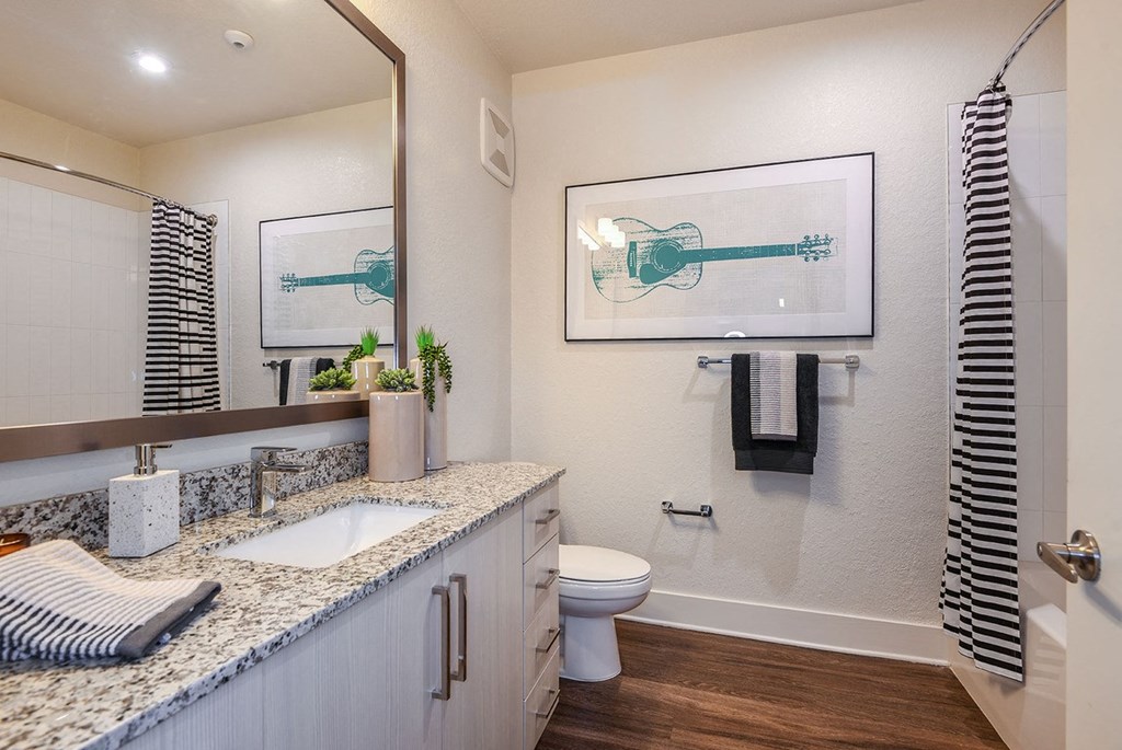 Upscale bathroom with vanity storage at The Exchange Luxury Apartments in St. Petersburg, FL