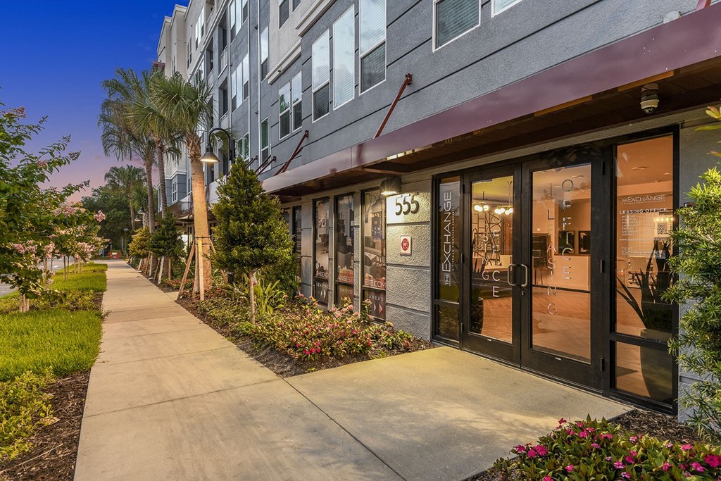 Leasing office front entry at The Exchange Luxury Apartments in St. Petersburg, FL