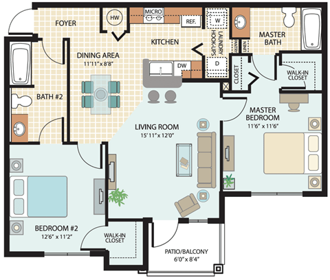 2 Bedroom Floor Plan at Cristina Woods Apartments in Riverview, FL