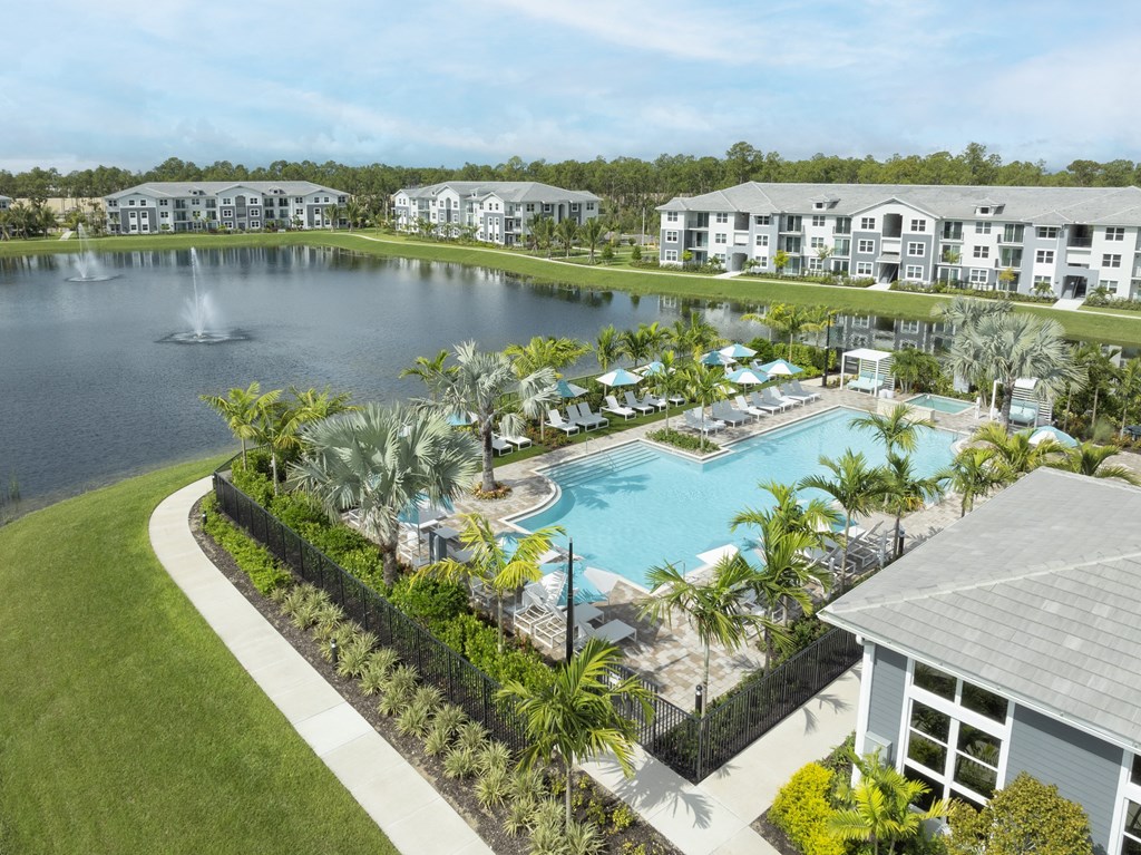 Aerial View of Everly's Heated Pool and Pond