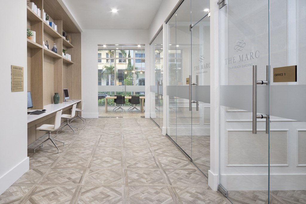 Rentable private office spaces and business center at The Marc Apartments in Palm Beach Gardens FL