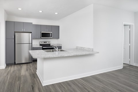a kitchen with stainless steel appliances and a granite counter top