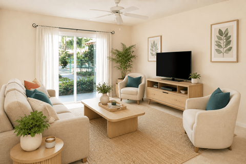 A living room with a television, two chairs, a coffee table, and a plant.