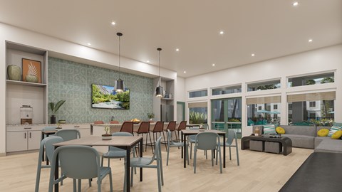 A modern living room with a dining table and chairs.