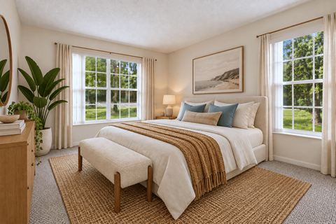A bedroom with a large bed and a painting on the wall.