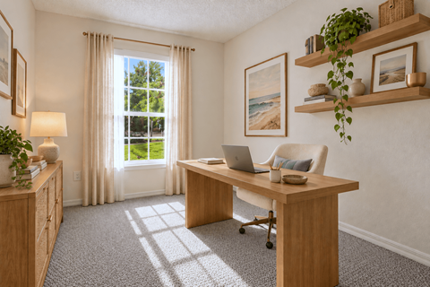 A room with a desk, chair, and a window with curtains.