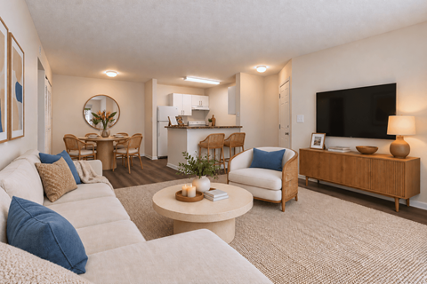 A living room with a white couch, a wooden coffee table, and a flat screen TV mounted on the wall.