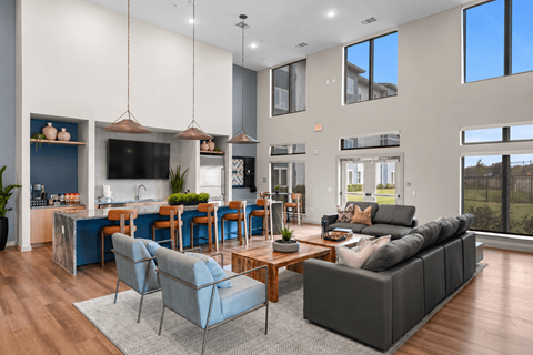 A modern living room with a grey sofa and a blue armchair.
