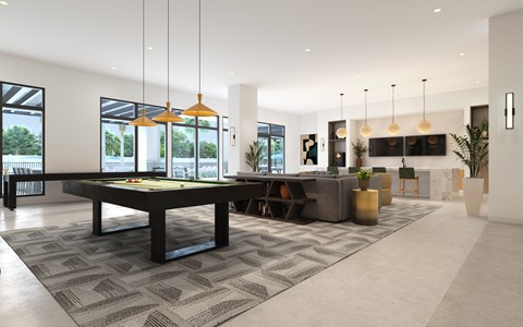 A modern living room with a large table and chairs.