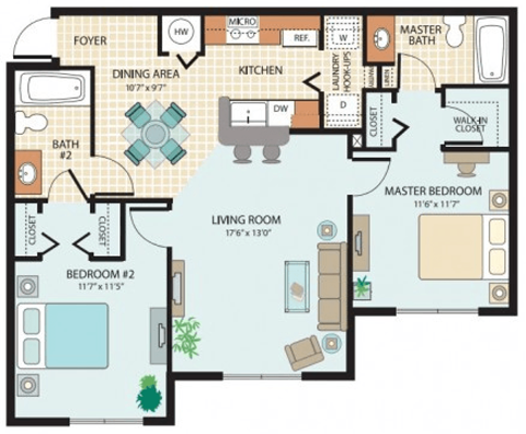 Two-Bedroom Floor Plan at  at Hudson Ridge Apartments in Port Richey, FL