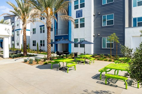 Patio Seating  at Lakeland Affordable Apartments in Santa Fe Springs, CA