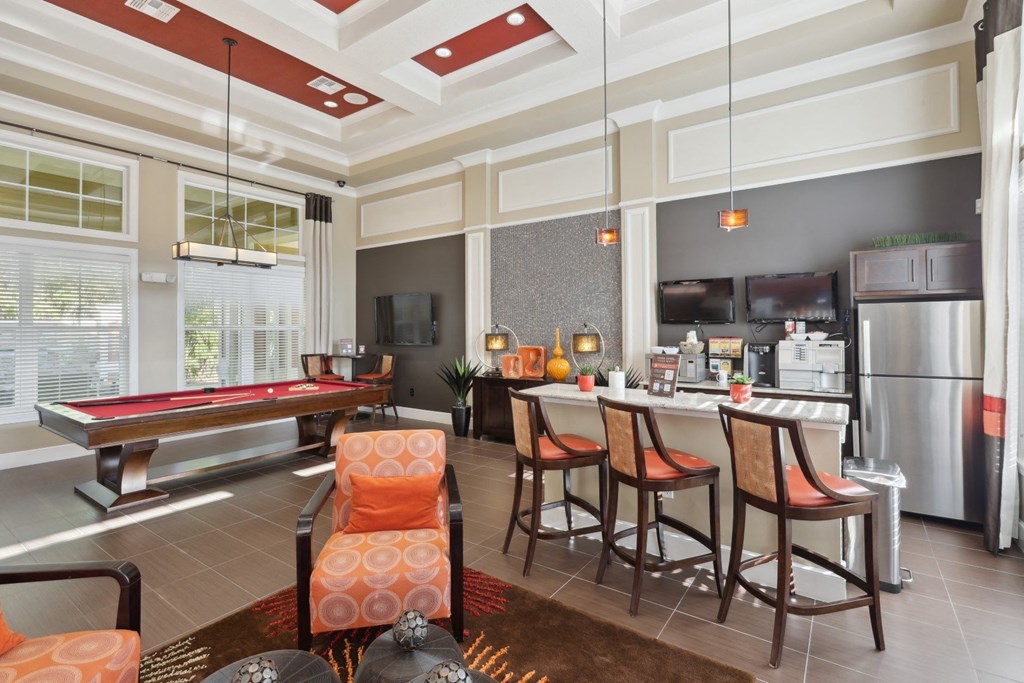 Stylish Lounge with Billiards and Coffee Bar at The Amalfi Clearwater Apartments