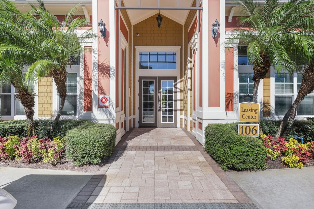 Leasing office entry at The Amalfi Clearwater Apartments