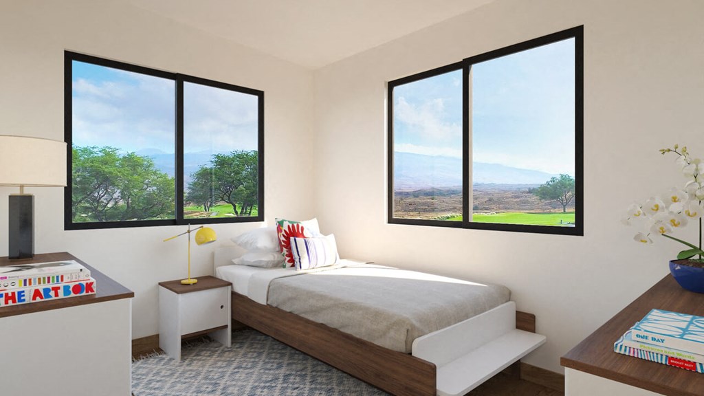 a bedroom with a bed and large windows