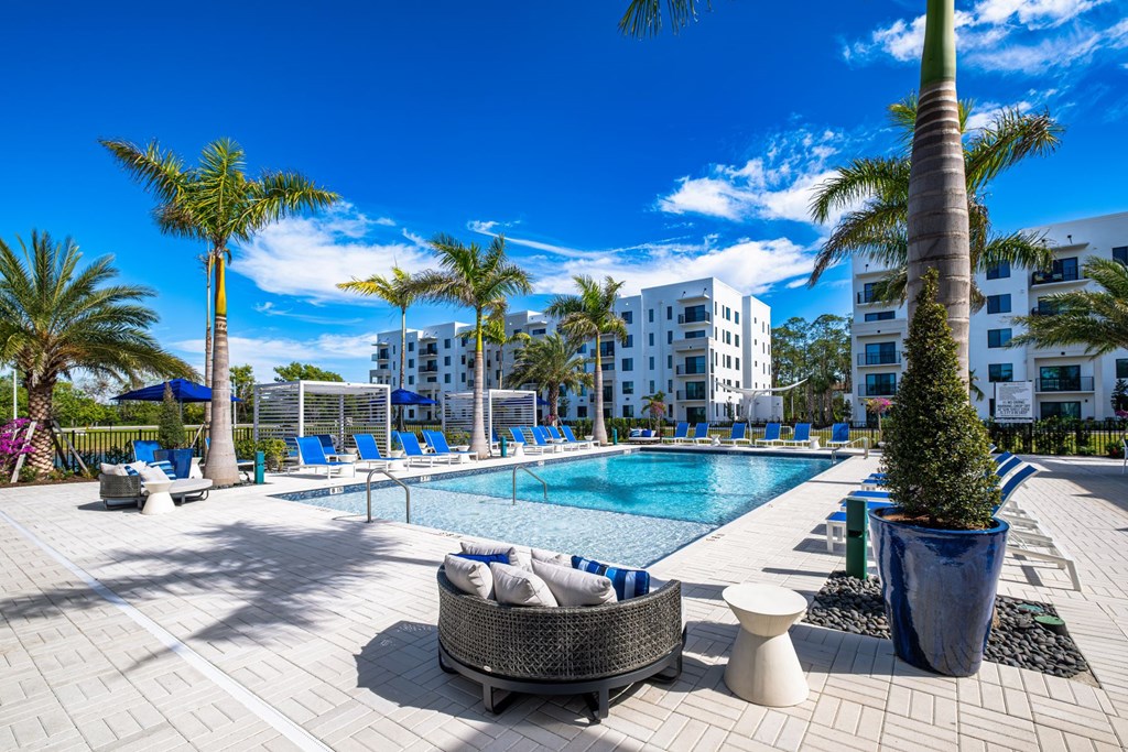 A pool surrounded by palm trees and lounge chairs.