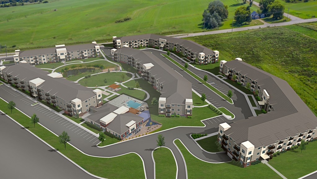 an aerial view of a city with buildings and roadsat SoRoc On Maine, Rochester, 55904 