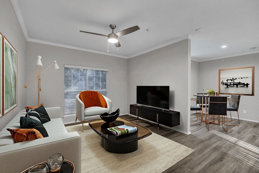 a living room with grey walls and a white couch at River Stone Ranch, Texas, 78749