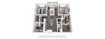A 3D floor plan of a small apartment with a kitchen, living room, and two bedrooms.