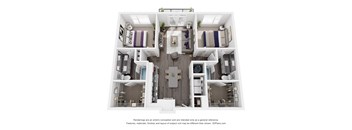 A 3D floor plan of a house with a kitchen, living room, and two bedrooms.
