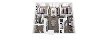 A 3D floor plan of a house with a kitchen, living room, and bedrooms.