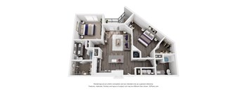 A 3D floor plan of a house with a kitchen, living room, and bedrooms.