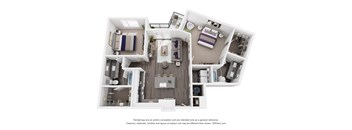 A 3D floor plan of a house with a kitchen, living room, and bedrooms.