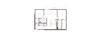 a floor plan of a small apartment with a kitchen and a living room at The Maven, Suwanee, GA