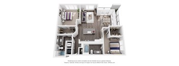 A 3D floor plan of a house with a kitchen, living room, and bathrooms.