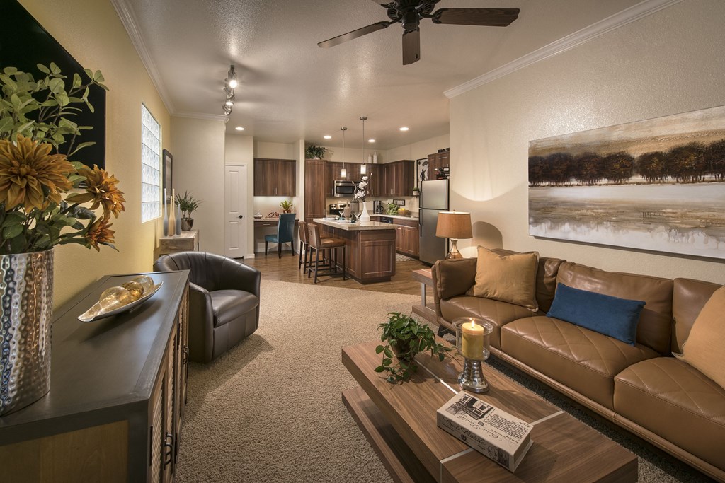 Living Room With Kitchen View at Villas at San Dorado, Oro Valley, Arizona