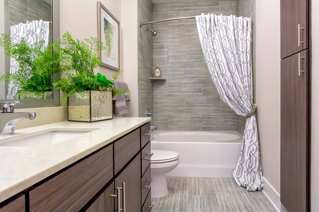 A bathroom with a white sink, a toilet, a shower with a white curtain, and a potted plant on the counter at Wharf 7 Apartments, Charleston