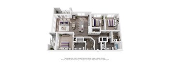 A 3D floor plan of a house with a living room, kitchen, and two bedrooms.