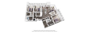 A 3D floor plan of a house with a kitchen, living room, and two bedrooms.