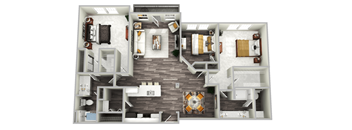 a 2 bedroom floor plan in 3D at Emblem Alpharetta, Alpharetta, 30009
