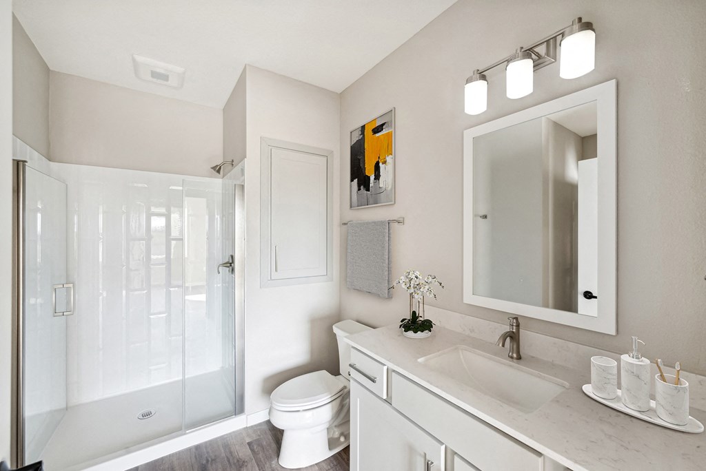 a bathroom with a large mirror and a toilet and a showerat SoRoc On Maine, Rochester, 55904