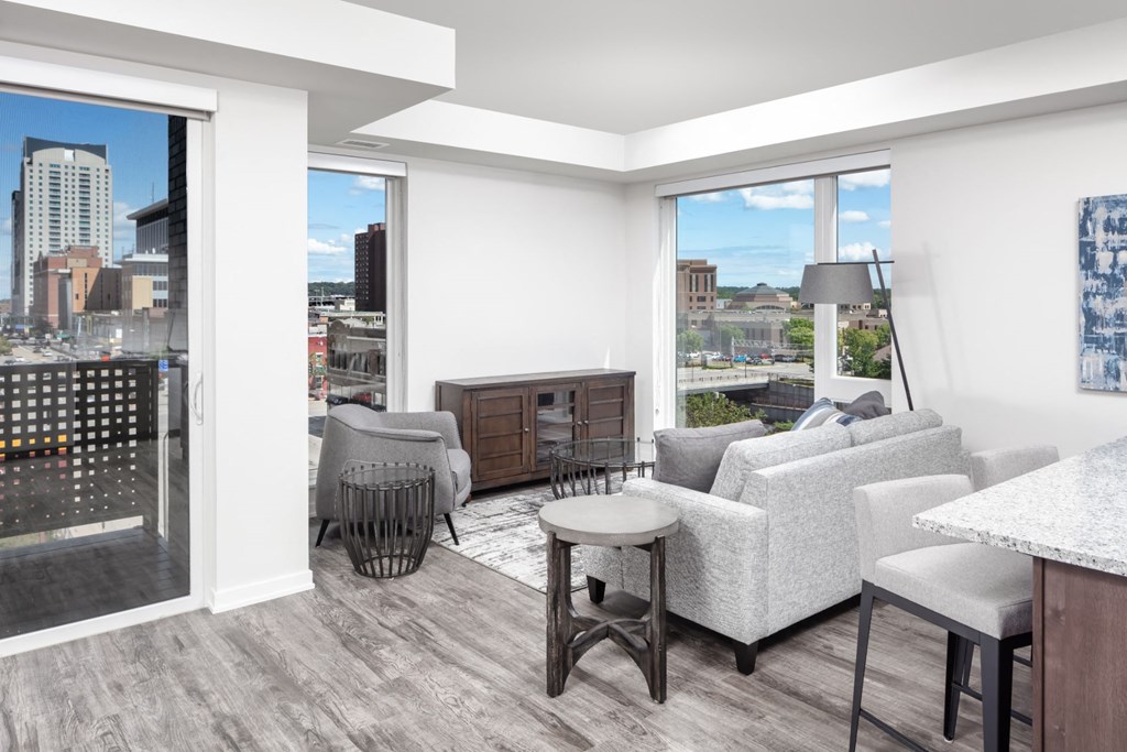 a living room with a view of the city at Maven on Broadway, Minnesota