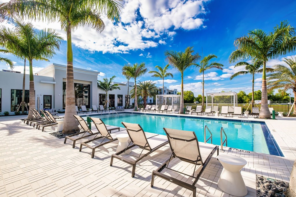 A poolside area with lounge chairs and palm trees.