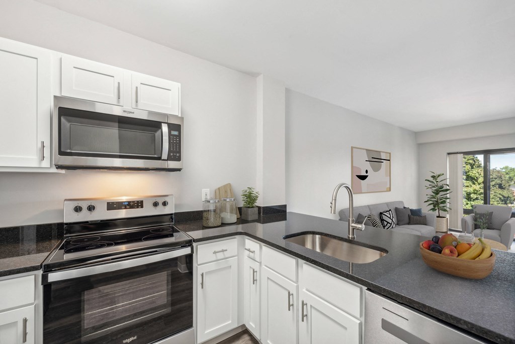 kitchen with stainless steel appliances at the Residences at Manchester Place in Manchester, New Hampshire