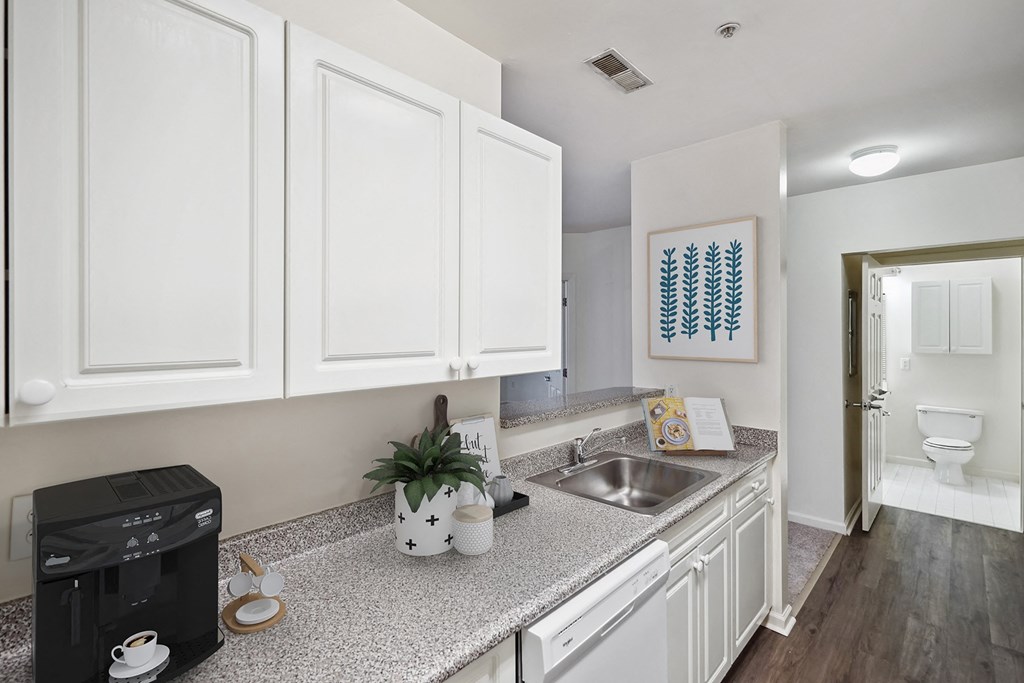 a kitchen with white cabinets and a sink and a dishwasher at Highlands at Faxon Woods, Massachusetts