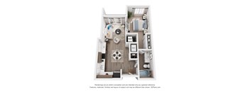 A floor plan of a 1-bedroom apartment with a kitchen, living room, and bathroom.