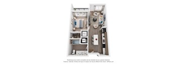 A 3D floor plan of a 1-bedroom apartment with a kitchen, living room, and bathroom.