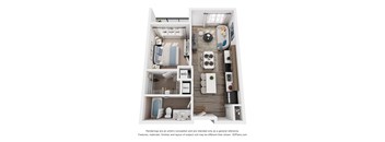 A 3D floor plan of a 1-bedroom apartment with a bedroom, living room, and kitchen.