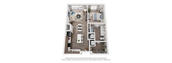 A 3D floor plan of a 1-bedroom apartment with a kitchen and living room