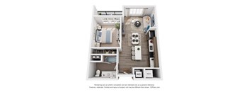 A 3D floor plan of a 1 bedroom apartment with a kitchen, living room, and bedroom.